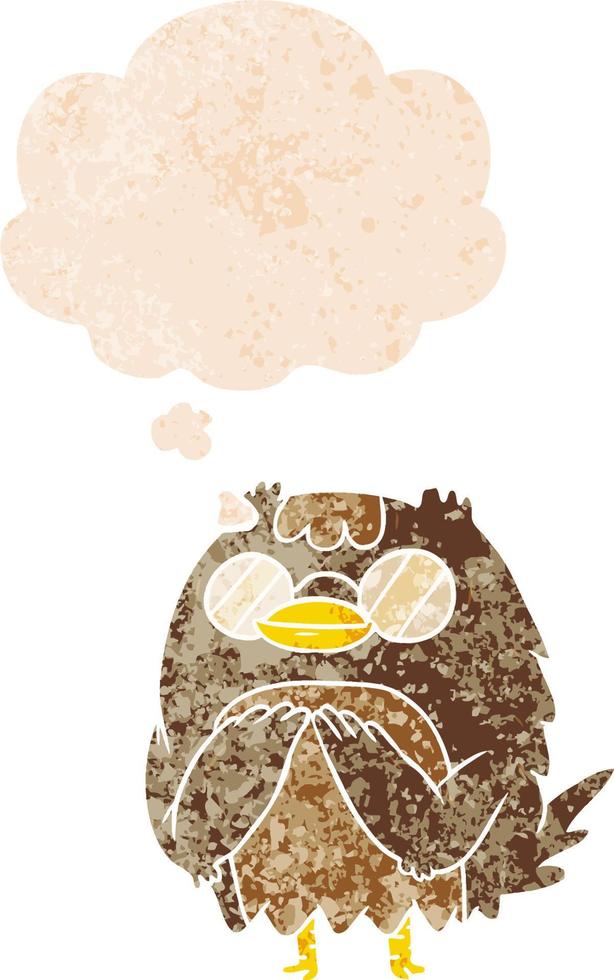 cartoon wise old owl and thought bubble in retro textured style vector