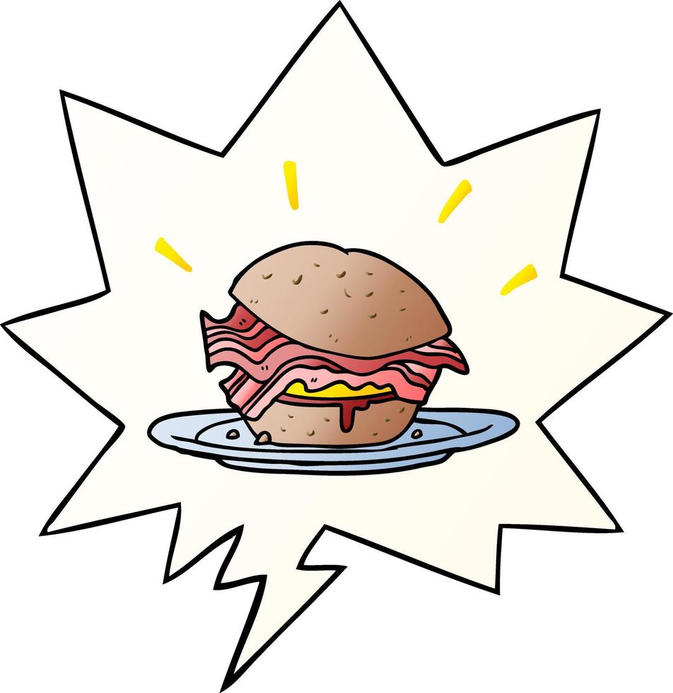 cartoon amazingly tasty bacon breakfast sandwich and cheese and speech bubble in smooth gradient style vector