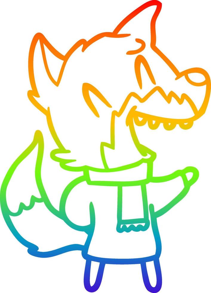 rainbow gradient line drawing laughing fox wearing winter clothes vector
