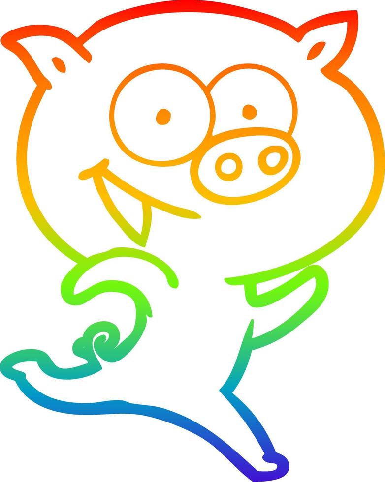 rainbow gradient line drawing cheerful running pig cartoon vector