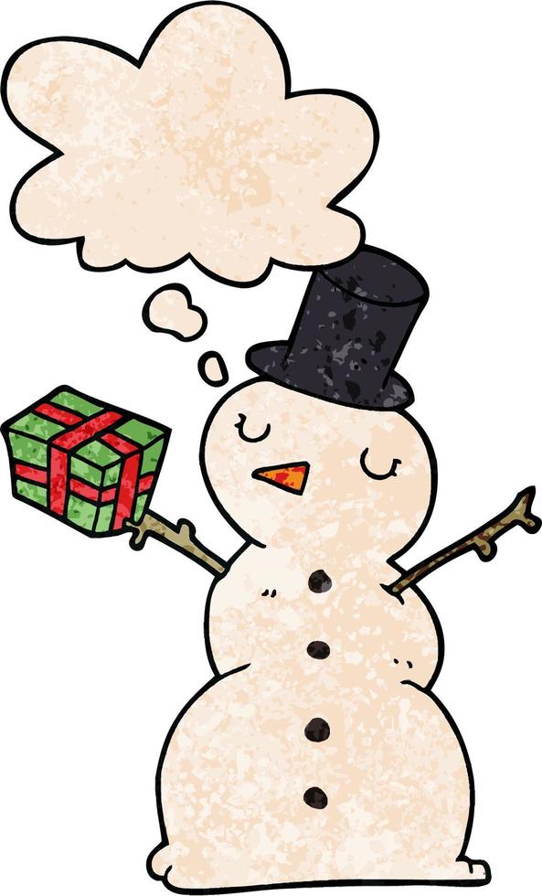 cartoon snowman and thought bubble in grunge texture pattern style vector