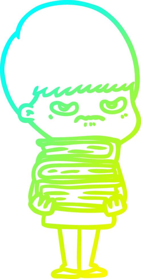 cold gradient line drawing angry cartoon boy with books vector