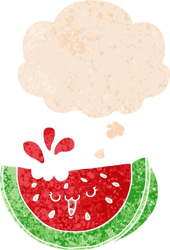 cartoon watermelon and thought bubble in retro textured style vector