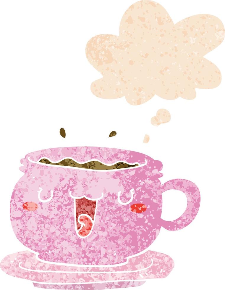 cute cartoon cup and saucer and thought bubble in retro textured style vector