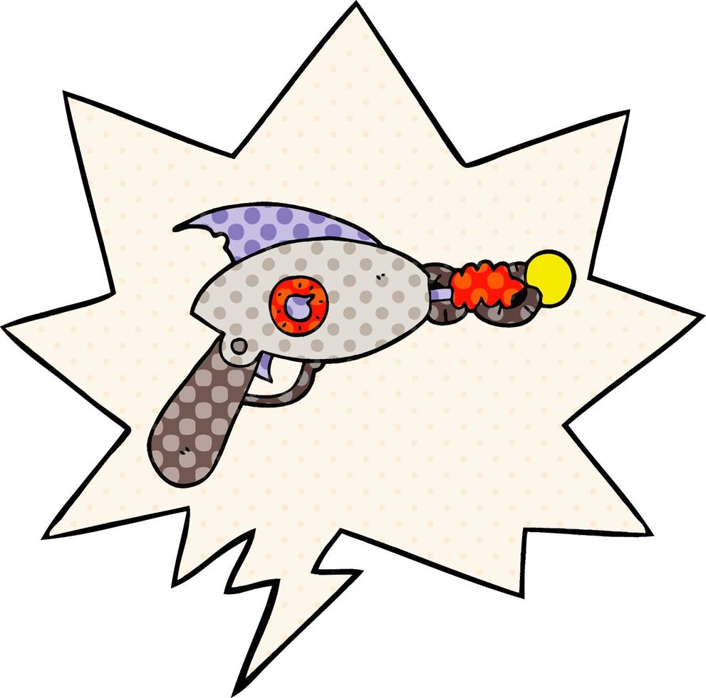 cartoon ray gun and speech bubble in comic book style vector