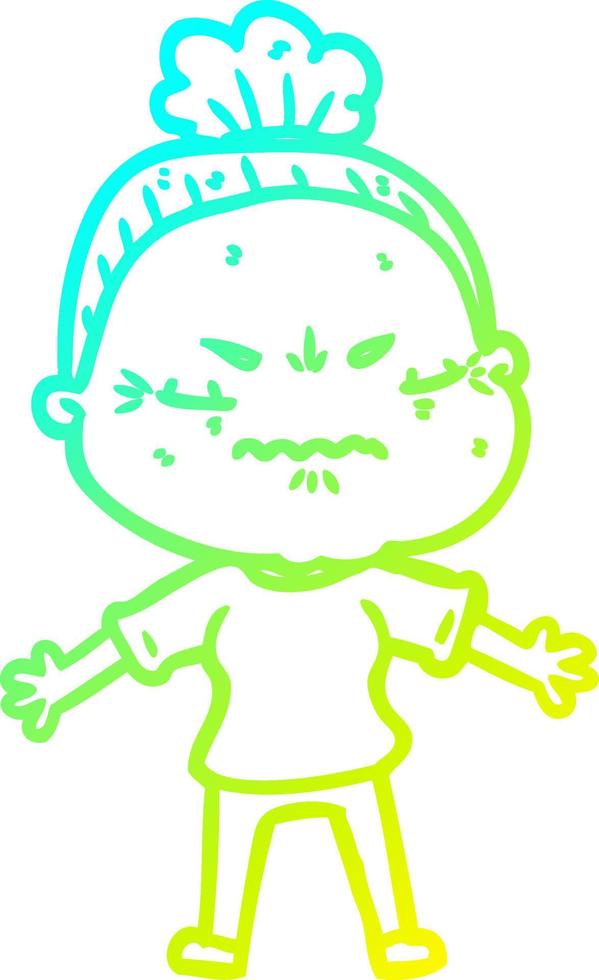 cold gradient line drawing cartoon annoyed old lady vector