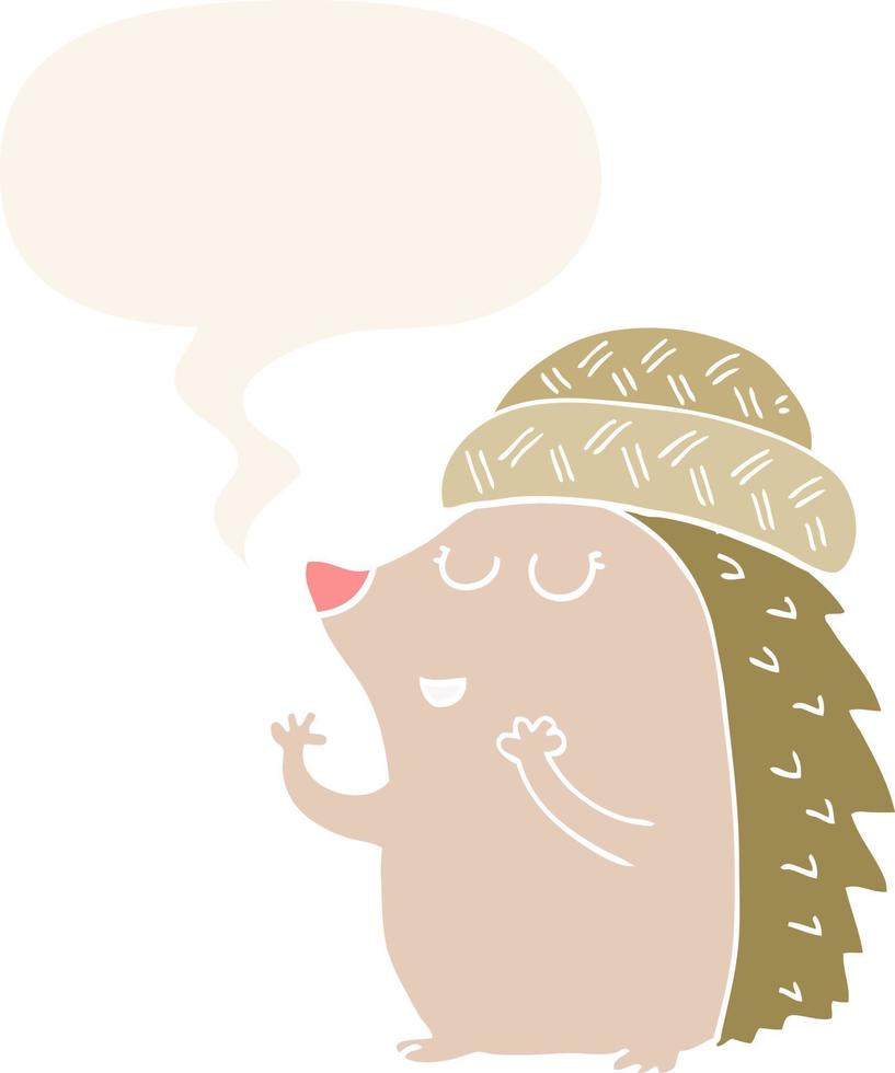 cartoon hedgehog wearing hat and speech bubble in retro style vector