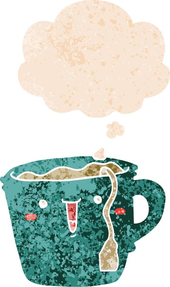 cute cartoon coffee cup and thought bubble in retro textured style vector