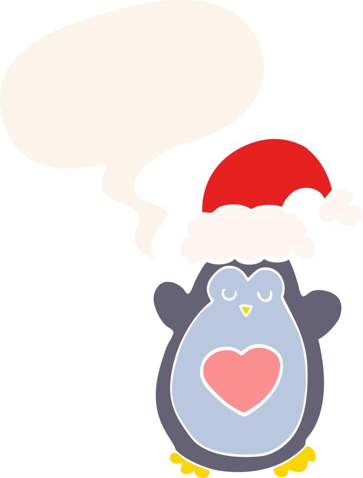 lindo pingüino navideño y bocadillo de diálogo en estilo retro vector