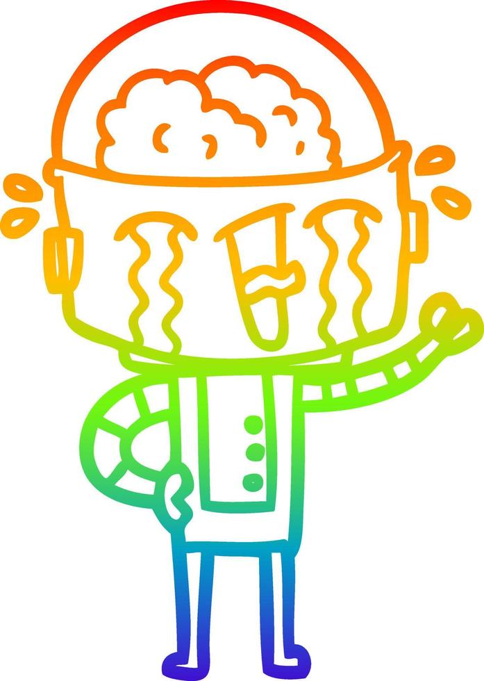 rainbow gradient line drawing cartoon crying robot vector