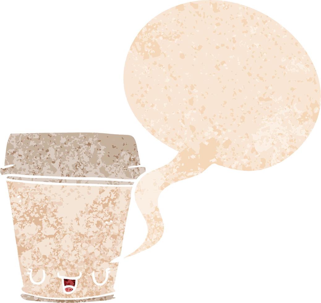 cartoon coffee cup and speech bubble in retro textured style vector
