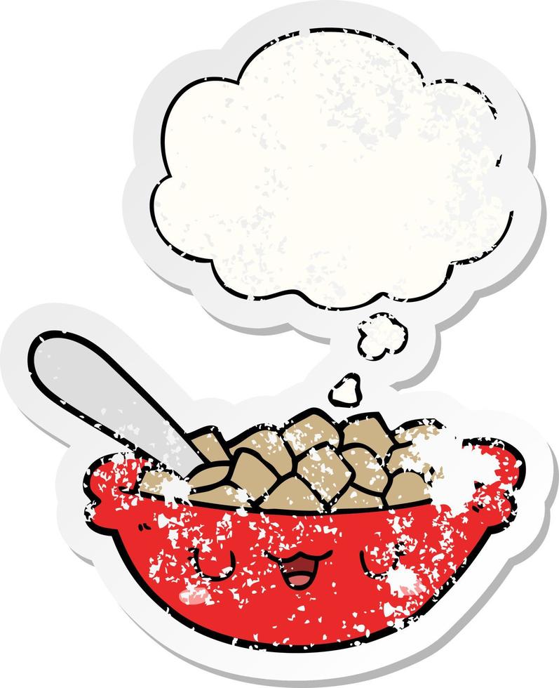 cute cartoon bowl of cereal and thought bubble as a distressed worn sticker vector