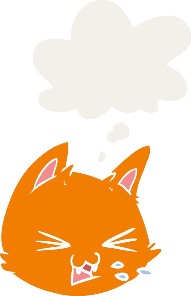 spitting cartoon cat face and thought bubble in retro style vector