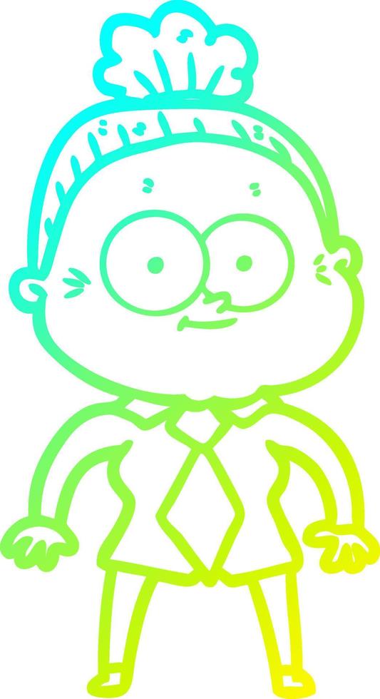 cold gradient line drawing cartoon happy old woman vector
