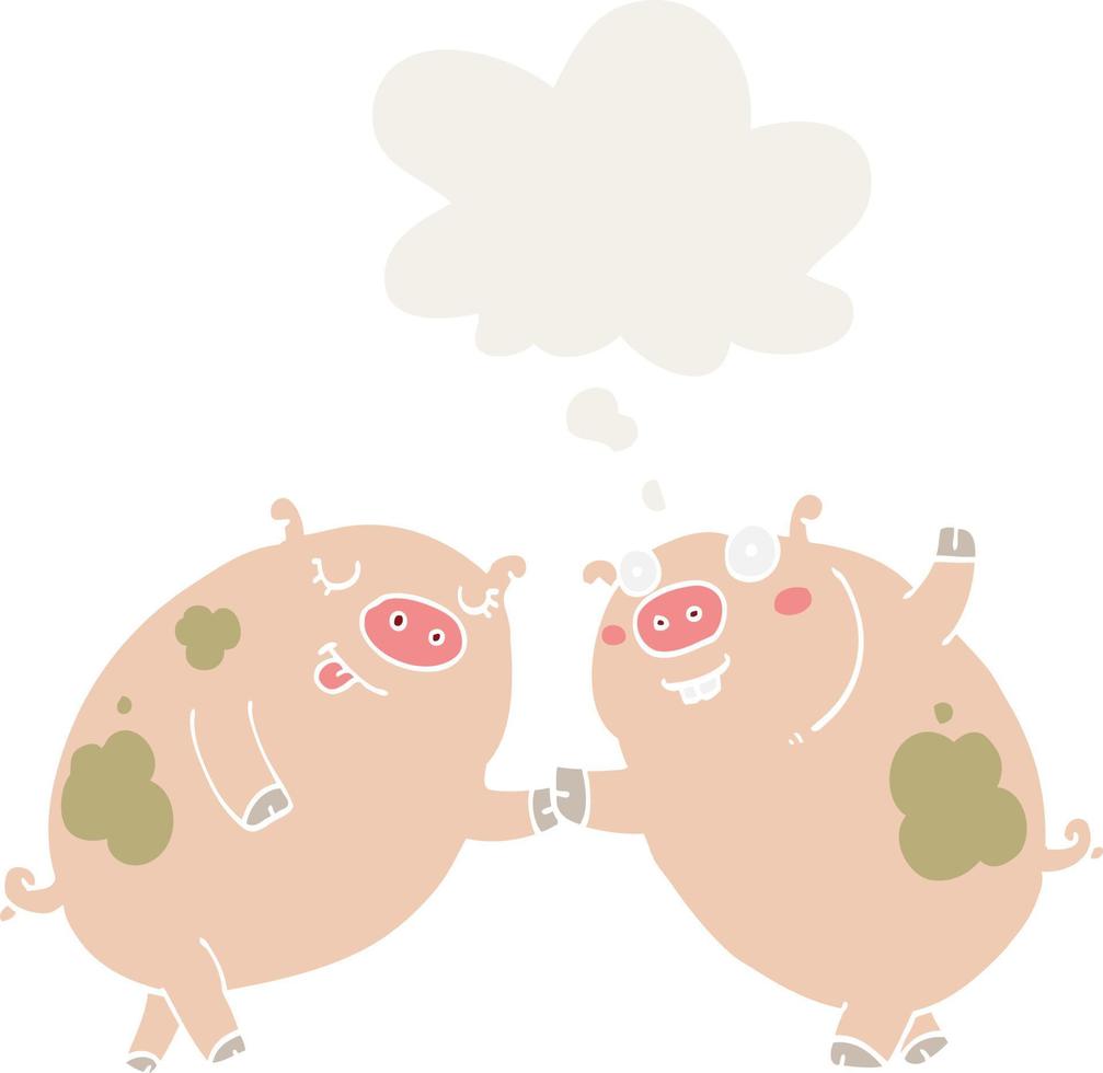 cartoon pigs dancing and thought bubble in retro style vector