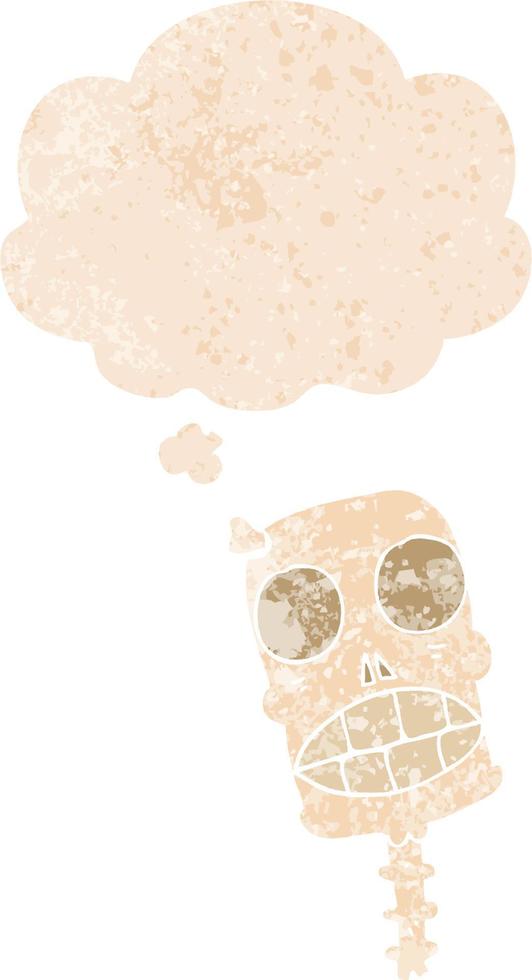 cartoon spooky skull and thought bubble in retro textured style vector