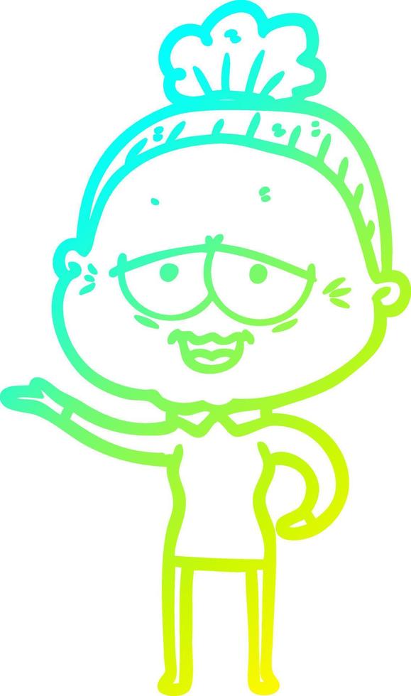 cold gradient line drawing cartoon happy old lady vector