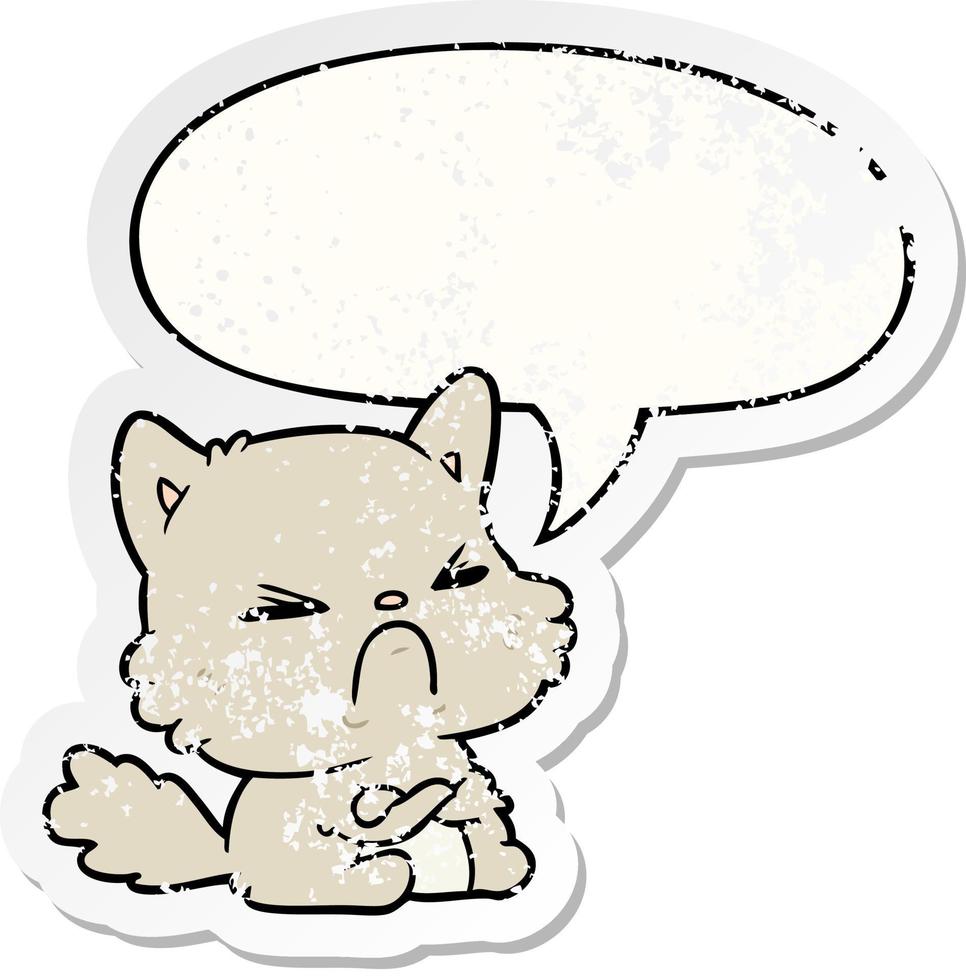 cute cartoon angry cat and speech bubble distressed sticker vector