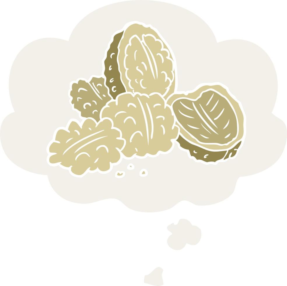 cartoon walnuts and thought bubble in retro style vector