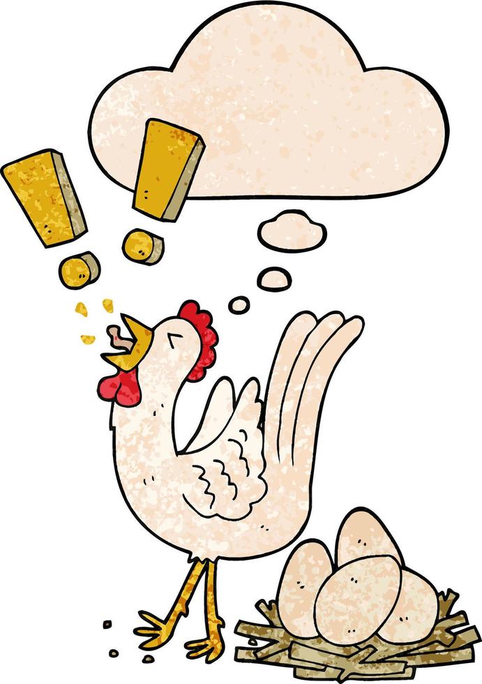 cartoon chicken laying egg and thought bubble in grunge texture pattern style vector