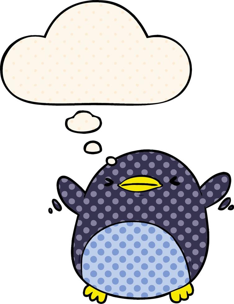 cute cartoon flapping penguin and thought bubble in comic book style vector