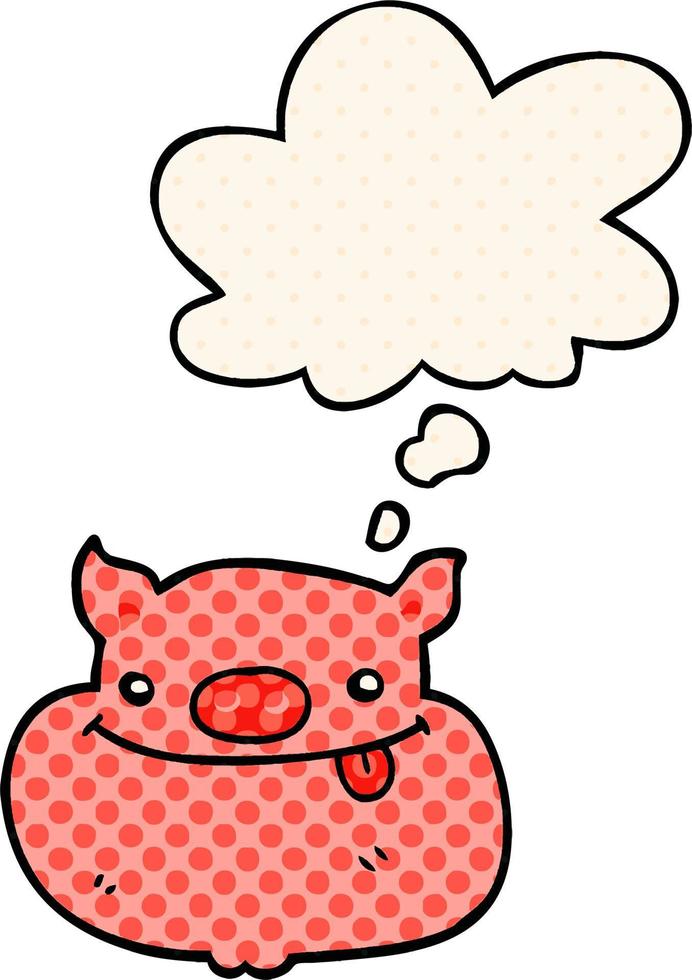 cartoon happy pig face and thought bubble in comic book style vector