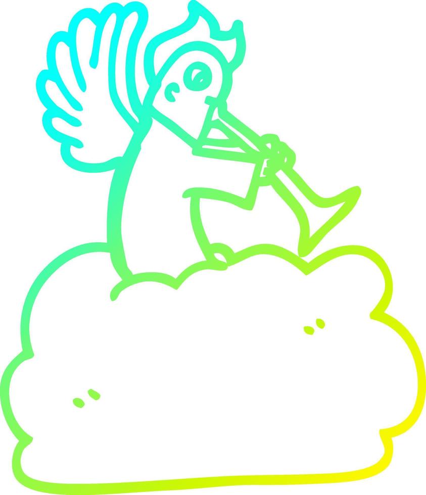 cold gradient line drawing cartoon angel on cloud with trumpet vector