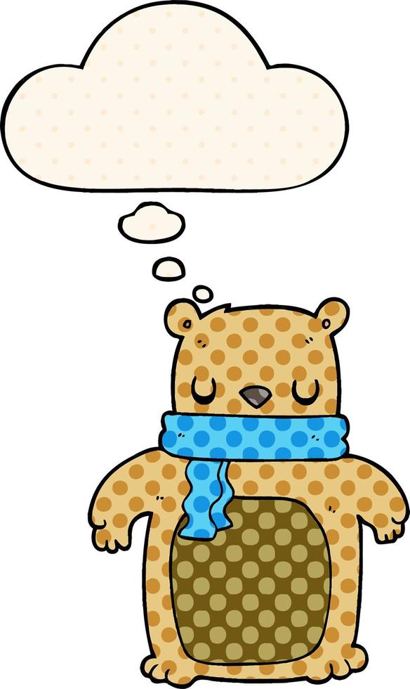 cartoon bear with scarf and thought bubble in comic book style vector