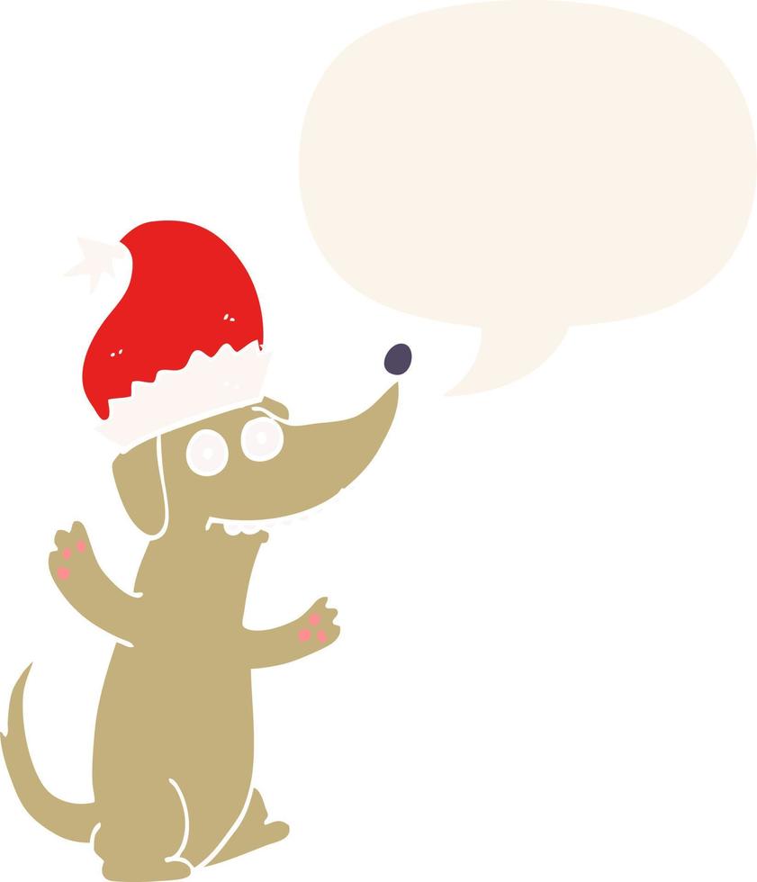 lindo perro de dibujos animados de navidad y burbuja de habla en estilo retro vector