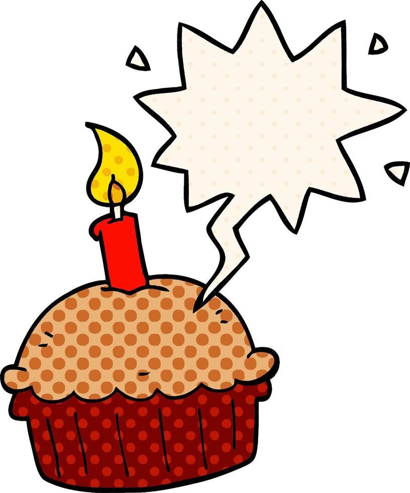 cartoon birthday cupcake and speech bubble in comic book style vector