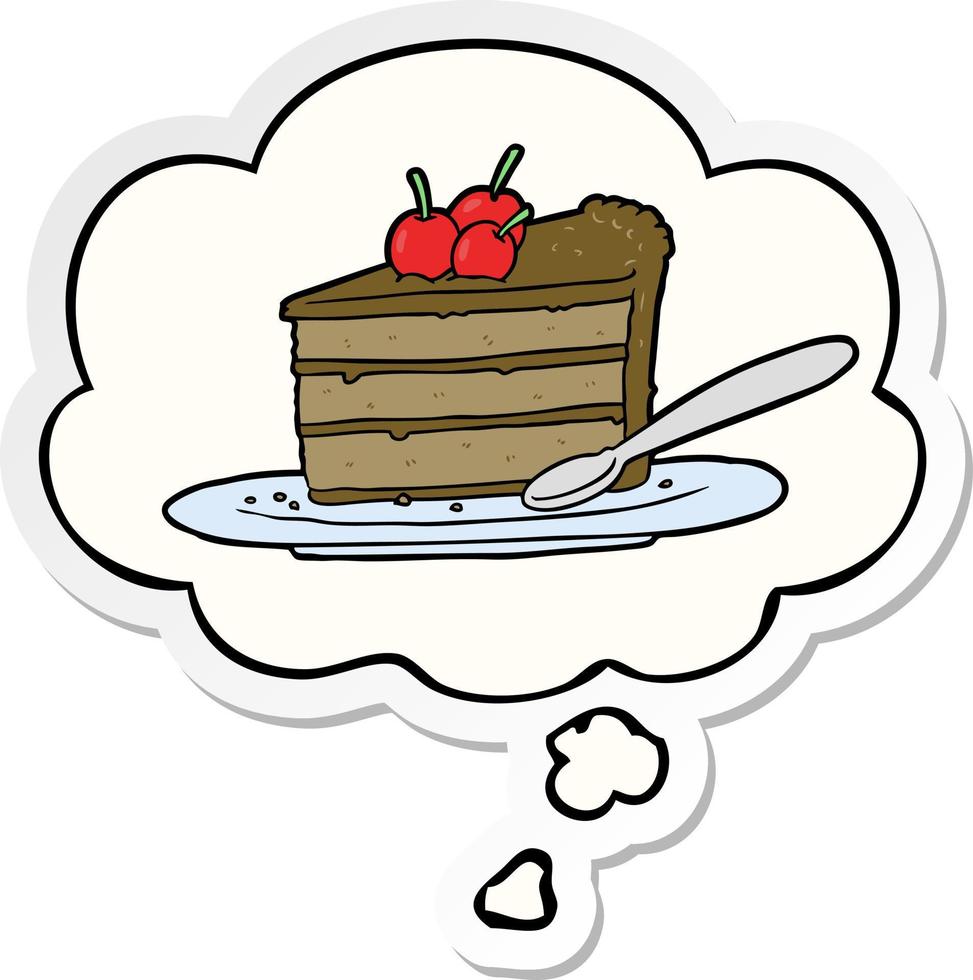 cartoon chocolate cake and thought bubble as a printed sticker vector