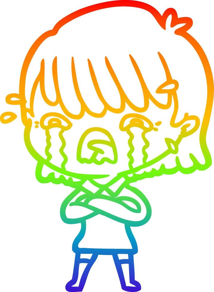 rainbow gradient line drawing cartoon girl crying vector