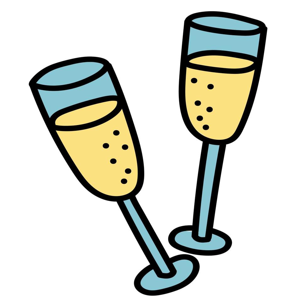 Doodle sticker with cartoon glasses of champagne vector