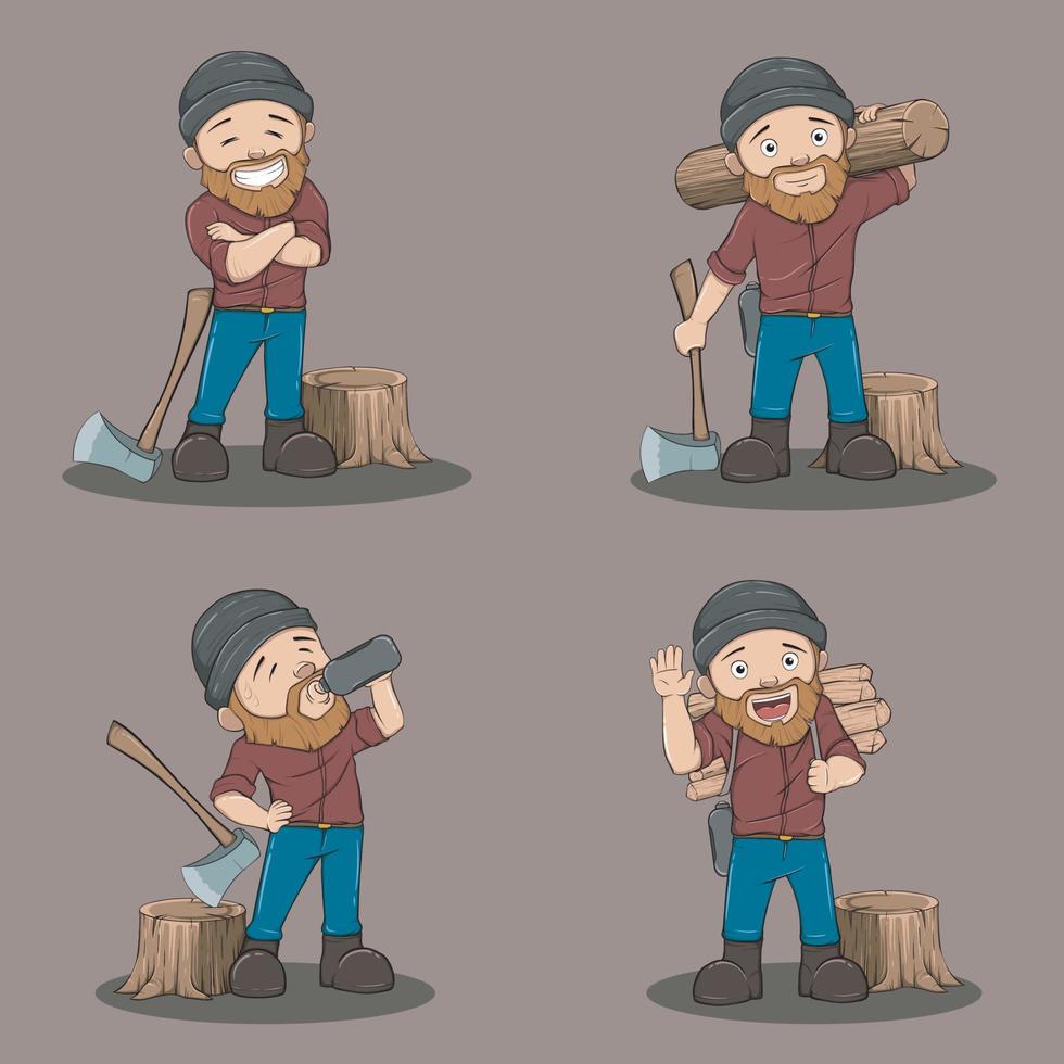 Lumberjack Cartoon Character Set. Woodcutter with an Ax. Vector