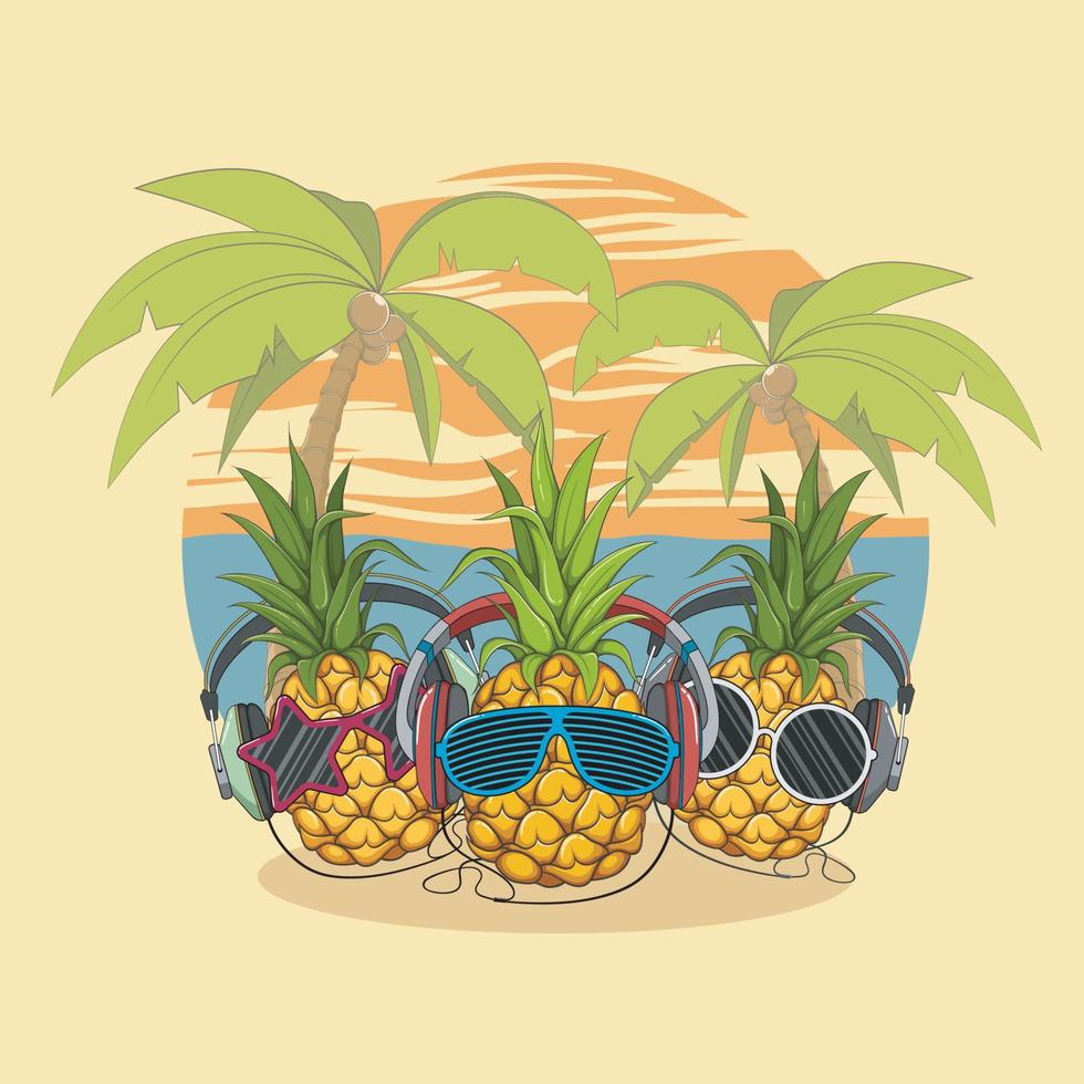 pineapple with glasses and headphones, vector, illustration vector