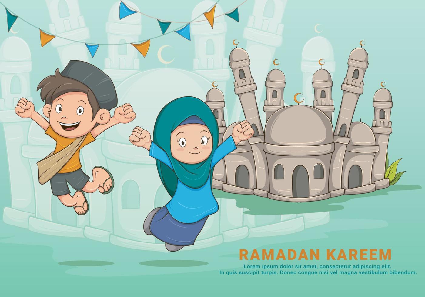 cute muslim characters boy and girl jumping happily, cartoon design, vector design,ramadan kareem