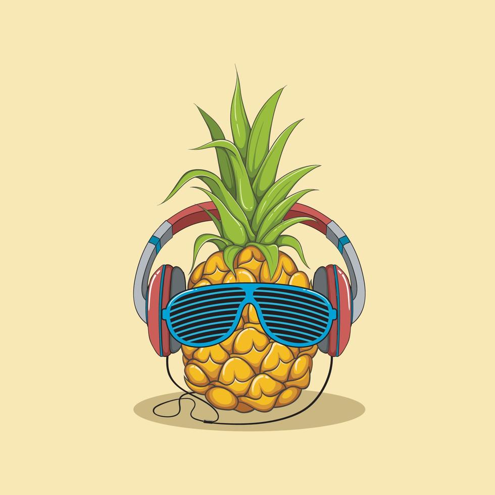 Pineapple wear glasses with headphones. Vector illustration.