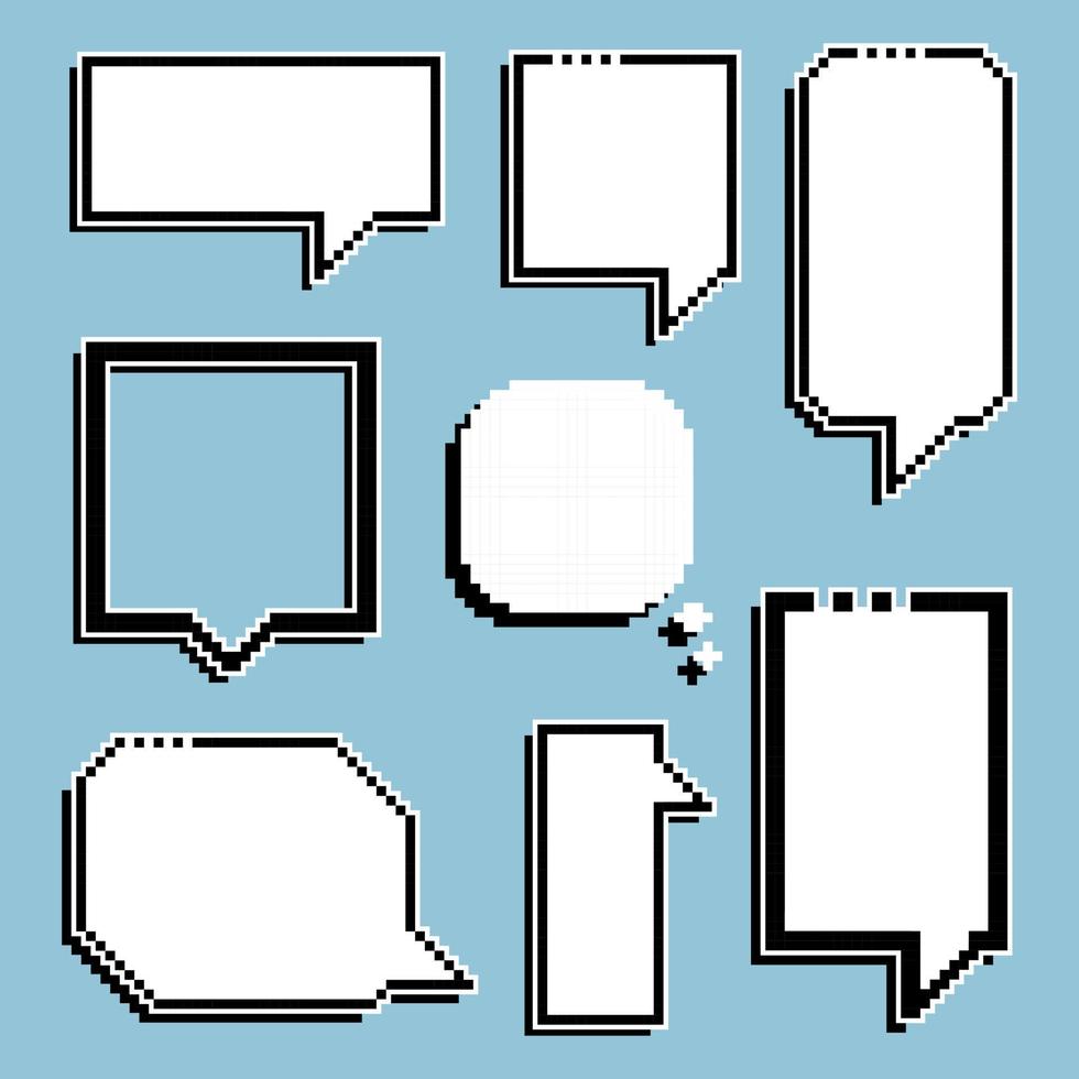 collection set of retro game 8 bit line pixel speech bubble balloon black and white color with shadow, flat design vector illustration