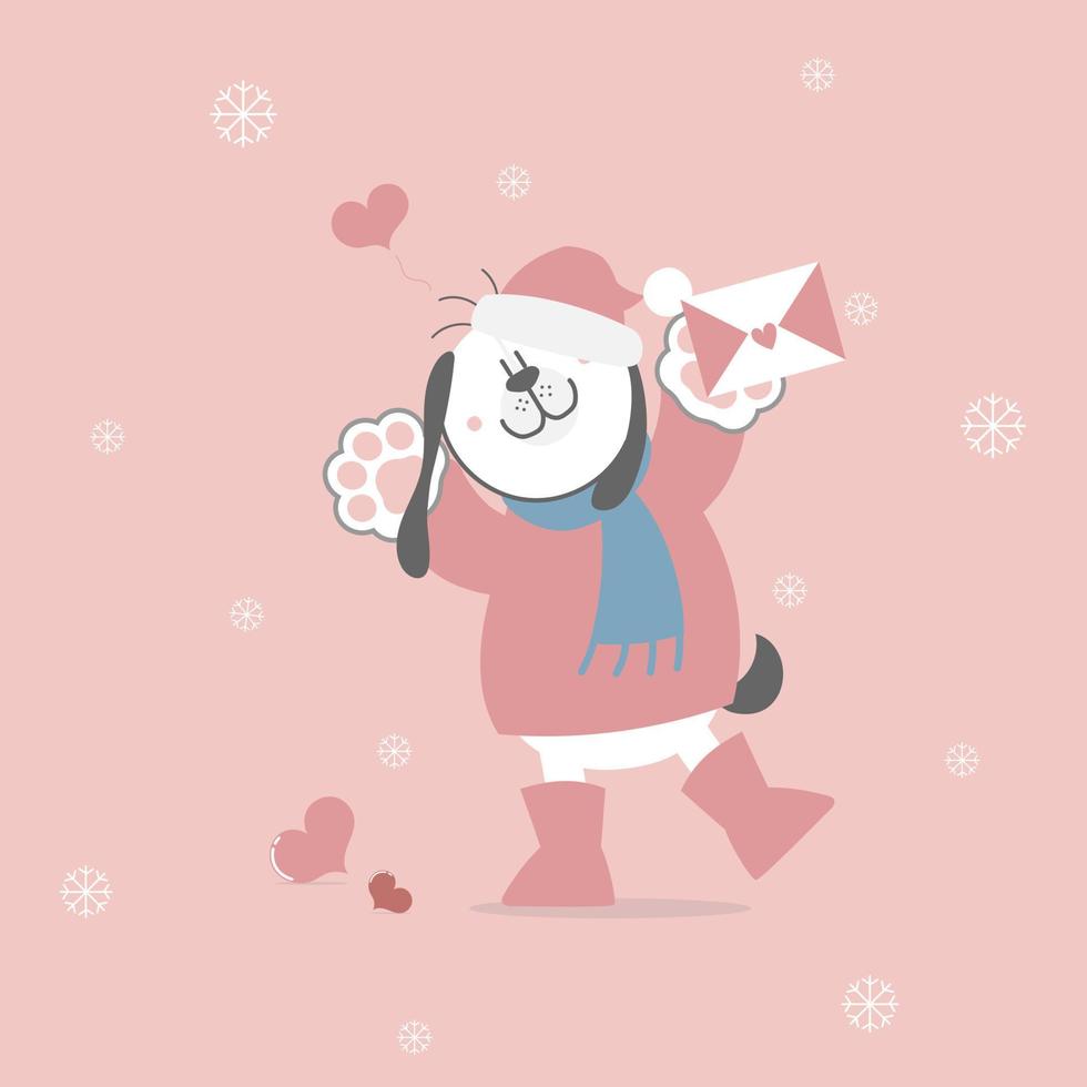 lindo y encantador perro dibujado a mano sosteniendo una carta de amor con el corazón, feliz día de San Valentín, concepto de amor, diseño de vestuario de personaje de dibujos animados de ilustración vectorial plana vector