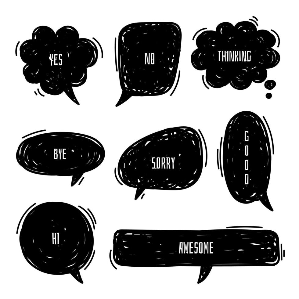 collection set of hand drawing frame border, blank speech bubble balloon, think, speak, talk, text box, banner, black and white color, flat design vector illustration isolated