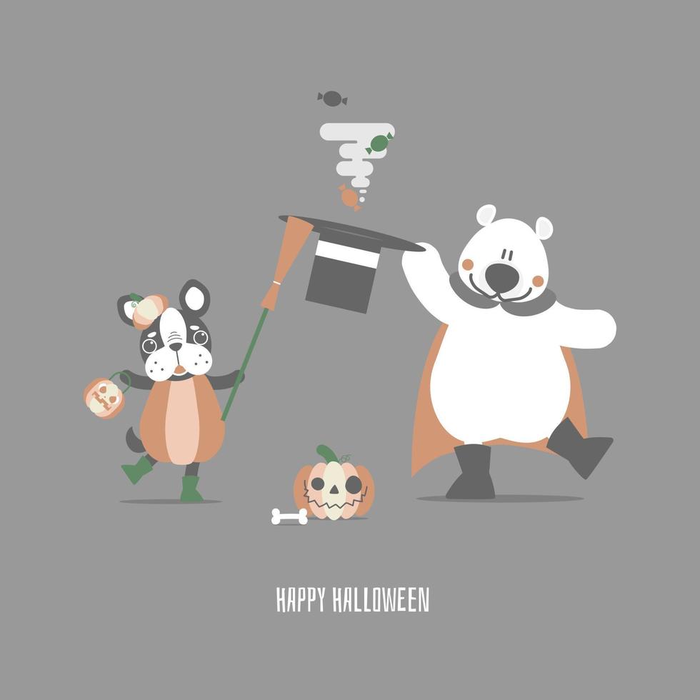 happy halloween holiday festival with teddy bear and pumpkin and dog holding broom, flat vector illustration cartoon character design
