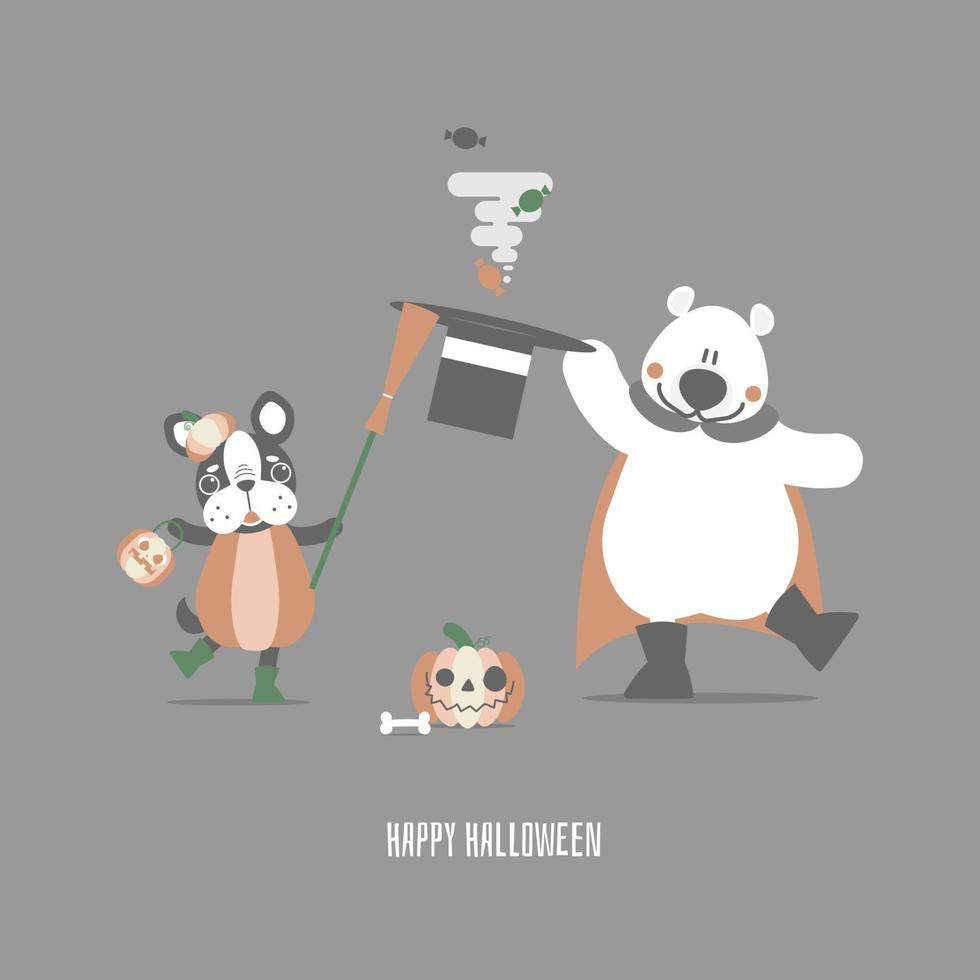 feliz fiesta de halloween con oso de peluche y calabaza y perro sosteniendo escoba, diseño de personajes de dibujos animados de ilustración vectorial plana vector