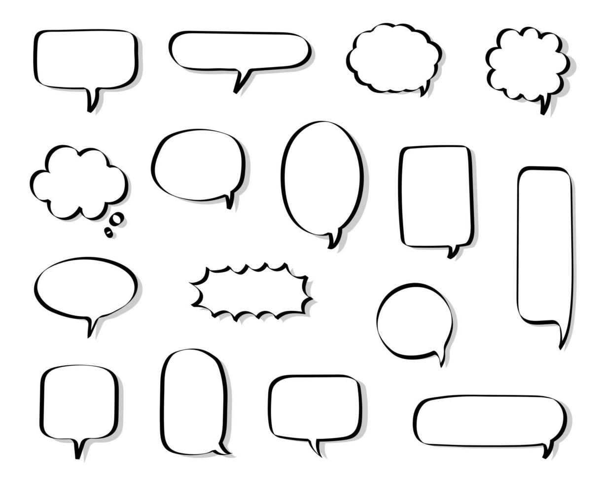 conjunto de colección de globo de burbuja de voz de dibujo a mano en blanco y negro en blanco, caja de texto de hablar de pensar, banner, diseño de ilustración de vector plano