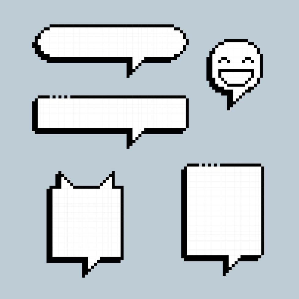 collection set of retro game 8 bit line pixel speech bubble balloon black and white color with shadow, flat design vector illustration