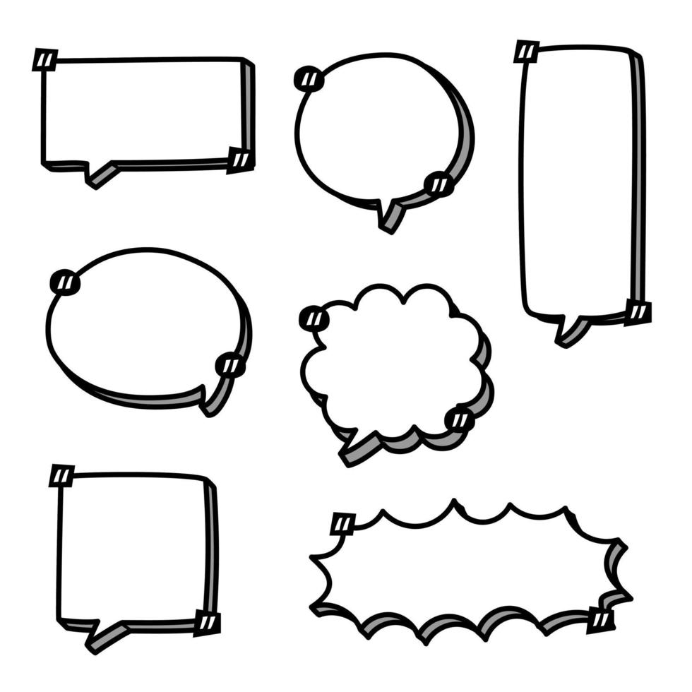 collection set of blank hand drawn speech bubble balloon with quotation marks and shadow, think speak talk whisper text box, flat vector illustration design isolated