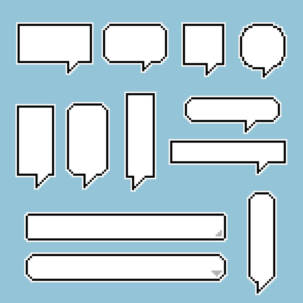 collection set of retro game 8 bit pixel speech bubble balloon, text box banner, black and white color, flat design vector illustration