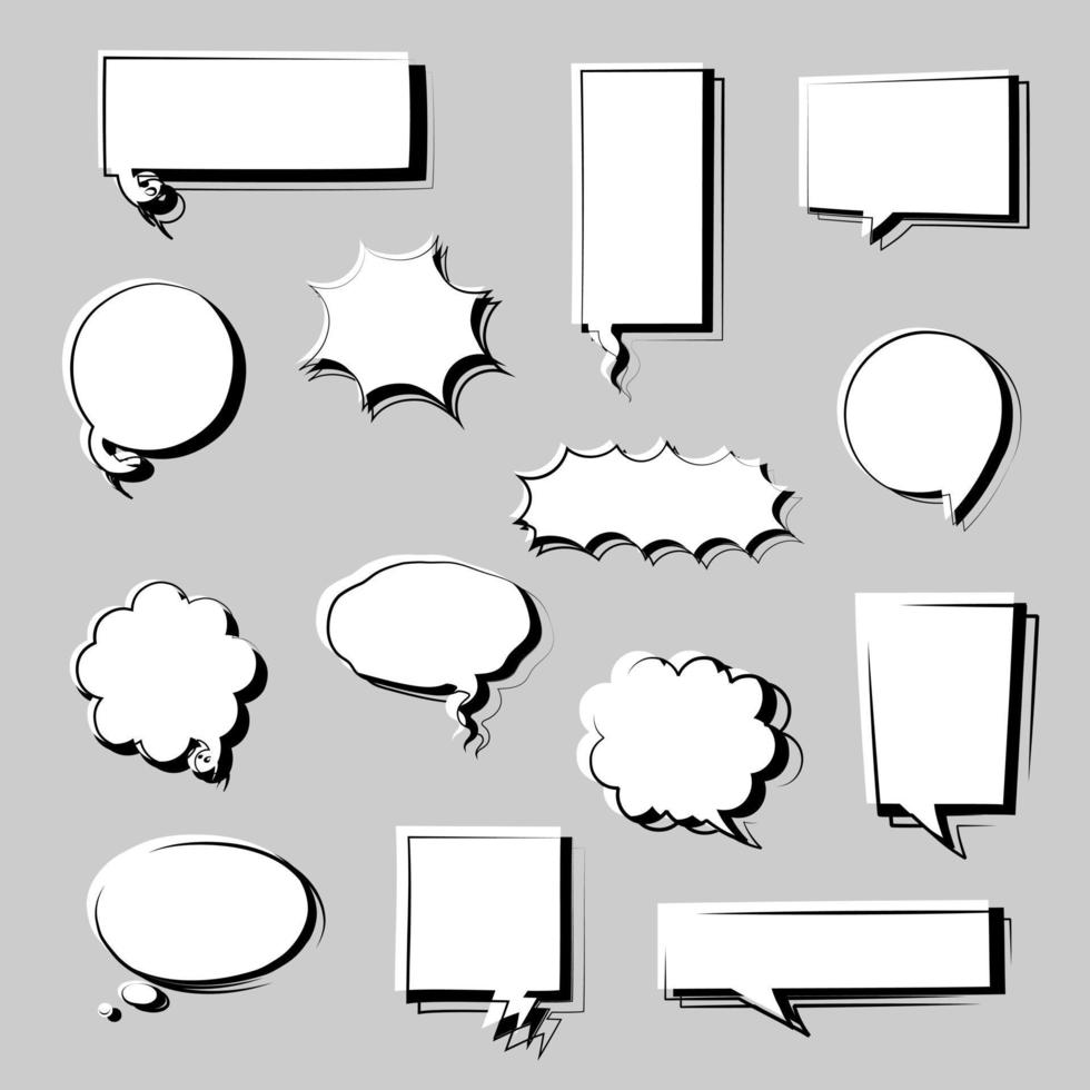 collection set of hand drawn blank speech bubble balloon, think, speak, talk, text box banner with shadow, black and white color, flat design vector illustration