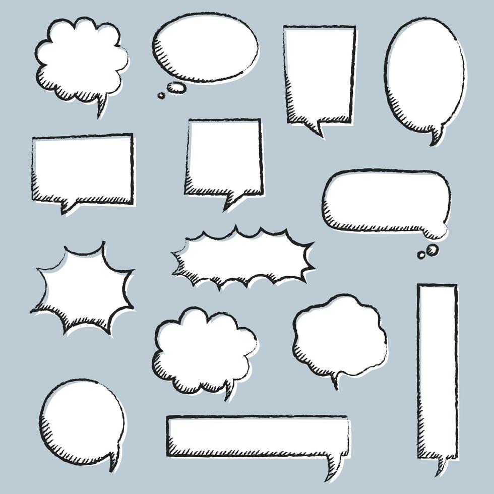 collection set of blank black and white hand drawing speech bubble balloon, think speak talk text box, banner, flat vector illustration design