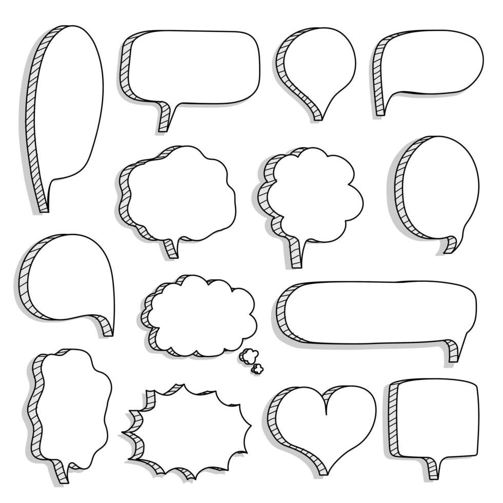 collection set of hand drawn 3D blank speech bubble balloon, think, speak, talk, text box banner, black and white color, flat design vector illustration