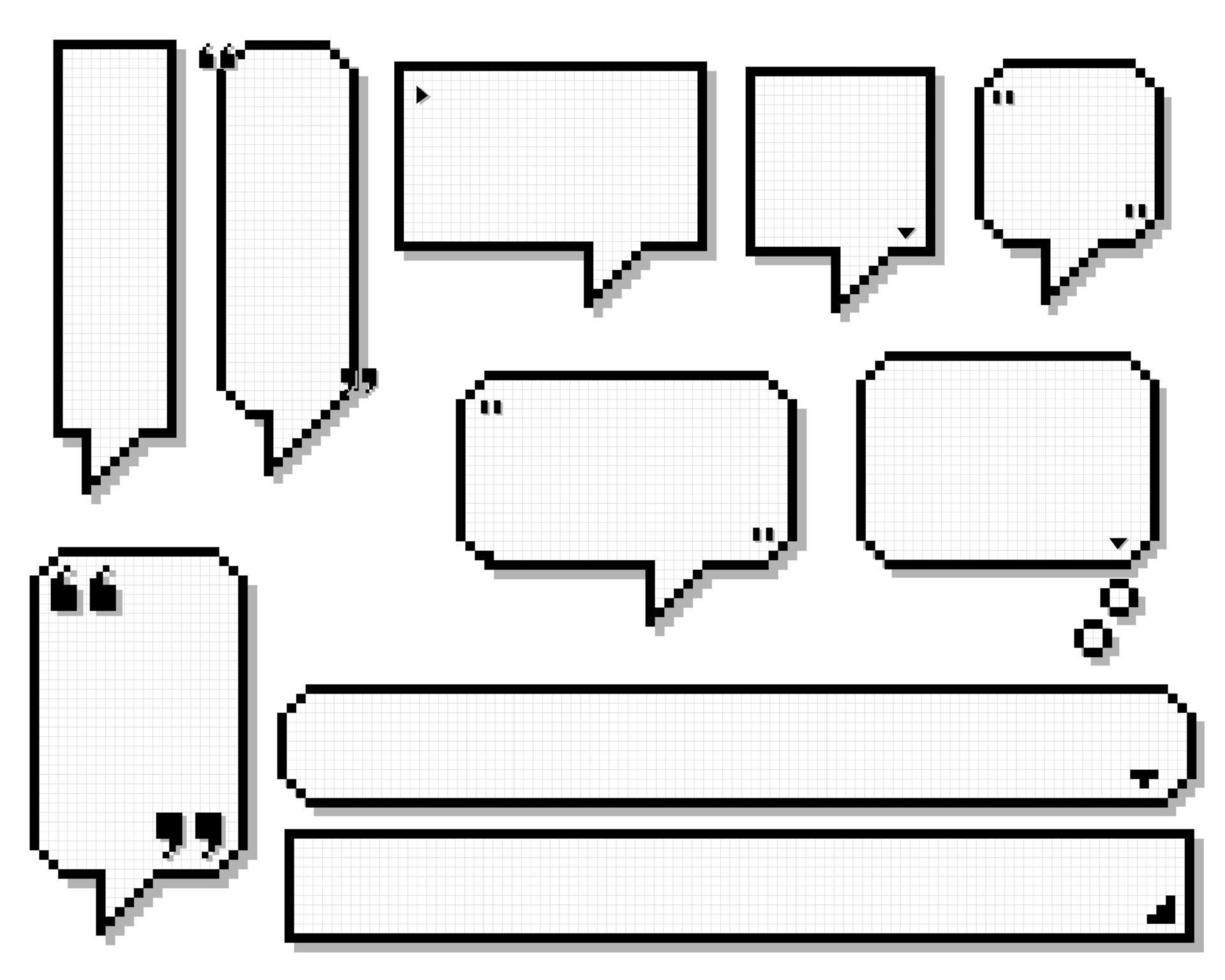 collection set of retro game 8 bit line pixel speech bubble balloon black and white color with shadow, flat design vector illustration